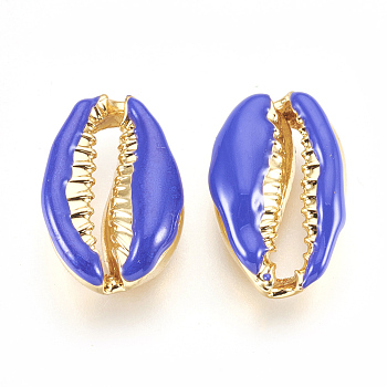 Alloy Beads, with Enamel, Shell, Real 18K Gold Plated, Blue, 19~20x12~12.5x6mm