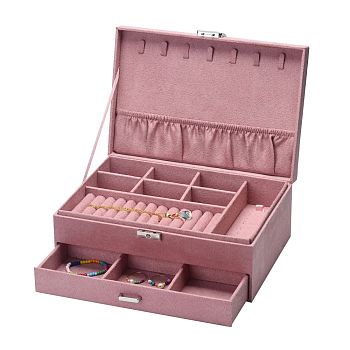 Velvet & Wood Jewelry Boxes, Portable Jewelry Storage Case, with Alloy Lock, for Ring Earrings Necklace, Rectangle, Flamingo, 27.3x19.5x10.3cm
