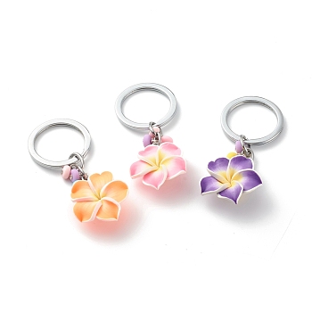Handmade Polymer Clay Flower Keychain, with Alloy Split Key Rings, Platinum, Mixed Color, 8cm