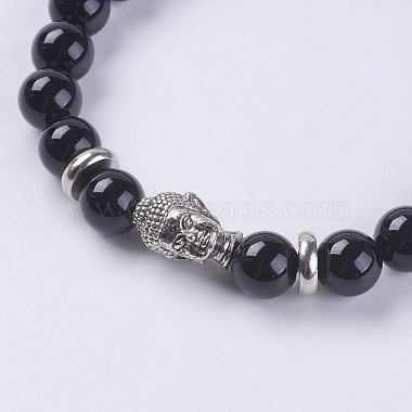 Bracelets extensibles avec perles en agate noire naturelle(BJEW-E325-D16)-2
