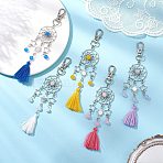 Natural & Dyed Malaysia Jade Bead & Alloy Pendant Decoration, Swivel Clasps and Polycotton Tassel Charms for Bag Ornaments, Flat Round/Web with Star & Sun, Mixed Color, 135mm, 5pcs/set(HJEW-JM02937-S)