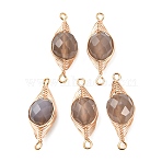 Natural Grey Agate Faceted Flat Round Links Connector Charms with Copper Herringbone Wire-Wrapped, Golden, Long-Lasting Plated, 26.5~27.5x10x9~9.5mm, Hole: 1.4mm(KK-Z152-09G-01)