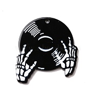 Printed Acrylic Pendants, Disc Player with Skeleton, Black, 39.5x36x2mm, Hole: 1.8mm(OACR-D008-01)