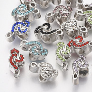Platinum Plated Alloy European Beads, with Rhinestones, Large Hole Beads, Treble Clef, Mixed Color, 14x7x9mm, Hole: 4.5mm(MPDL-S067-02)