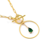 Teardrop Transparent Glass Pendant Necklaces, with Alloy Toggle Clasps, Brass Paperclip Chains & Linking Rings, Golden, Sea Green, 20.67 inch(52.5cm)(NJEW-JN03038-01)