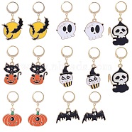 Halloween Theme Alloy Enamel Pendant Locking Stitch Markers, 304 Stainless Steel Clasp Stitch Marker, Pumpkin/Ghost/Bat, Mixed Color, 3.2~3.5cm, 7 style, 2pcs/style, 14pcs/set(HJEW-SW00031)
