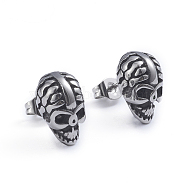 Retro 304 Stainless Steel Stud Earrings, with Ear Nuts, Skull, Antique Silver, 13x8mm, Pin: 0.6mm(X-EJEW-L248-044AS)