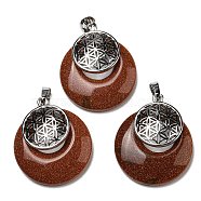 Synthetic Goldstone Pendants, Spiritual Charms, with Platinum Tone Brass Findings, Flat Round with Flower of Life/Sacred Geometry, 32~32.5x28~30x7~7.5mm, Hole: 5x8mm(KK-F751-M-A08)