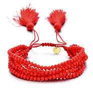 Faceted Glass Braided Bead Bracelets, Adjustable Tassel Woven Multi-strand Bracelets for Women, Red(PS4906-1)