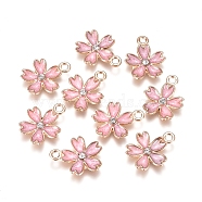 Alloy Enamel Pendants, with Crystal Rhinestone, Sakura Flower, Golden, Pink, 17x14x2.5mm, Hole: 1.6mm(ENAM-TAC0001-10E)