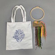 DIY Canvas Bag Embroidery Kits, Including Embroidery Thread & Needles, Plastic Embroidery Hoop, Flower, 612x350x3mm, Thread: 13 colors(DIY-WH20001-10C)