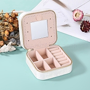 2-Tier Square Velvet Jewelry Storage Zipper Boxes with Mirror Inside, Portable Travel Jewelry Organizer Case for Rings, Earrings, Necklaces, Bracelets Storage, White, 10x10x5cm(PW-WG25899-02)