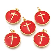 Brass Enamel Pendants, Long-Lasting Plated, Real 18K Gold Plated, with Jump Rings, Flat Round with cross, Red, 17.5x15x2mm, Hole: 2.5mm(KK-B027-02G-A)