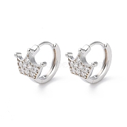Brass Micro Pave Cubic Zirconia Hoop Earrings, Crown, Real Platinum Plated, 13x11.5mm(EJEW-P259-04P)