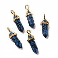Synthetic Blue Hubei Turquoise Pendants, Faceted, with Golden Tone Brass Findings, Lead free & Cadmium Free, Bullet, 27~30x9~10x7~8mm, Hole: 4x3mm(G-K329-07G)