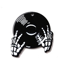 Printed Acrylic Pendants, Disc Player with Skeleton, Black, 39.5x36x2mm, Hole: 1.8mm(OACR-D008-01)