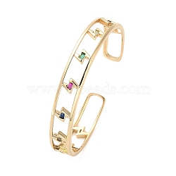 Brass Hollow Lightning Bolt Open Cuff Bangles with Colorful Glass for Women, Real 18K Gold Plated, 3/8 inch(0.95cm), Inner Diameter: 1-7/8x2-1/4 inch(4.9x5.75cm)(BJEW-M312-10G)
