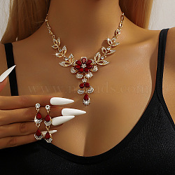 Alloy Rhinestone Stud Earrings & Necklaces Sets for Women, Teardrop & Flower, Ruby, 375mm(WGAAFBB-03)