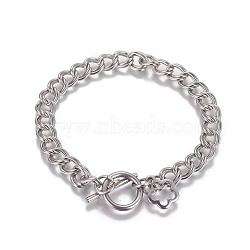 304 Stainless Steel Curb Chain Bracelets, with Toggle Clasp, Stainless Steel Color, 7-5/8 inches(19.3cm), links: 8x7x1mm(BJEW-I274-11S)