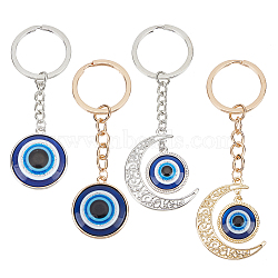 ARRICRAFT 4Pcs 4 Style Flat Round & Moon with Evil Eye Resin Pendant Keychains, with Alloy Findings, Blue, 8.6~10.4cm, 1pc/style(KEYC-AR0001-23)