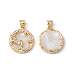 Rack Plating Brass Shell Pendants, with Cubic Zirconia & Natural Shell, Flat Round with Constellation Charms, Cadmium Free & Lead Free, Long-Lasting Plated, Real 18K Gold Plated, Pisces, 19x16x3mm, Hole: 4x3.5mm(KK-D087-25G-04)