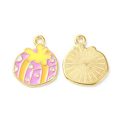 Alloy Enamel Pendants, Gift Box Charm, Golden, Pearl Pink, 18.5x15.5x1mm, Hole: 1.6mm(ENAM-D047-15G)