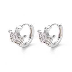 Brass Micro Pave Cubic Zirconia Hoop Earrings, Crown, Real Platinum Plated, 13x11.5mm(EJEW-P259-04P)