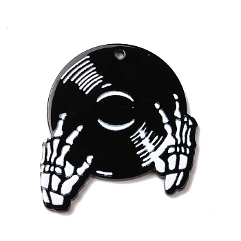 Printed Acrylic Pendants, Disc Player with Skeleton, Black, 39.5x36x2mm, Hole: 1.8mm