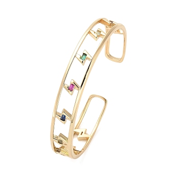 Brass Hollow Lightning Bolt Open Cuff Bangles with Colorful Glass for Women, Real 18K Gold Plated, 3/8 inch(0.95cm), Inner Diameter: 1-7/8x2-1/4 inch(4.9x5.75cm)