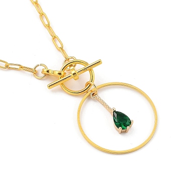 Teardrop Transparent Glass Pendant Necklaces, with Alloy Toggle Clasps, Brass Paperclip Chains & Linking Rings, Golden, Sea Green, 20.67 inch(52.5cm)