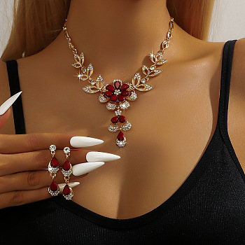 Alloy Rhinestone Stud Earrings & Necklaces Sets for Women, Teardrop & Flower, Ruby, 375mm