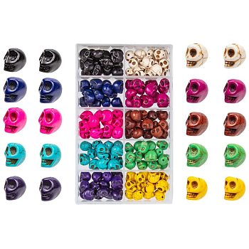 Synthetic Turquoise Beads, Dyed, Skull, Mixed Color, 12x10x11mm, Hole: 1mm, 15pcs/compartment, 150pcs/box