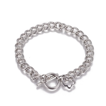304 Stainless Steel Curb Chain Bracelets, with Toggle Clasp, Stainless Steel Color, 7-5/8 inch(19.3cm), links: 8x7x1mm