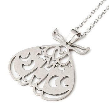 201 Stainless Steel Moth with Moon Phase Pendant Necklace with Cable Chain, Stainless Steel Color, 17.64 inch(44.8cm)