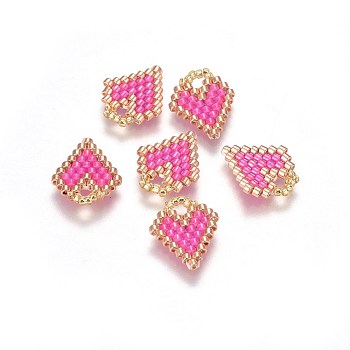 MIYUKI & TOHO Handmade Japanese Seed Beads Pendants, Loom Pattern, Heart, Hot Pink, 15~16x11.5~12.5x1.7mm, Hole: 3mm