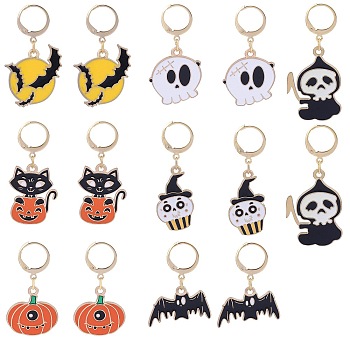 Halloween Theme Alloy Enamel Pendant Locking Stitch Markers, 304 Stainless Steel Clasp Stitch Marker, Pumpkin/Ghost/Bat, Mixed Color, 3.2~3.5cm, 7 style, 2pcs/style, 14pcs/set