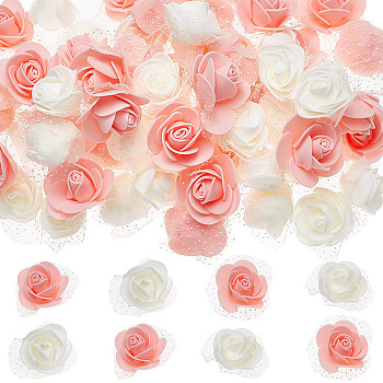200Pcs 2 Colors 3D Foam Rose Ornament Accessories, Imitation Flower, with Organza, Mixed Color, 43~45x39~45x21.5~22mm, 100pcs/color