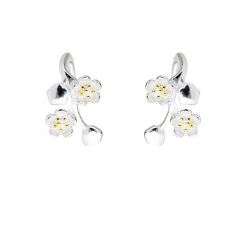 925 Sterling Silver Cuff Earrings, Plum Blossom, Platinum & Golden, 16x8x2mm, Pin: 0.9mm