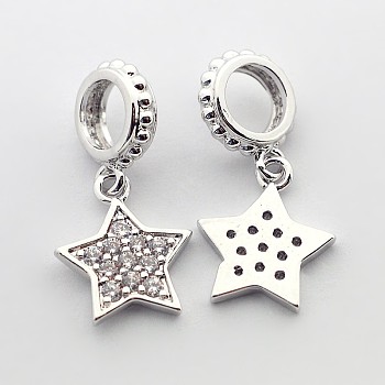 Brass Micro Pave Cubic Zirconia Star Pendants, Cadmium Free & Nickel Free & Lead Free, Real Platinum Plated, 19mm, Hole: 4mm