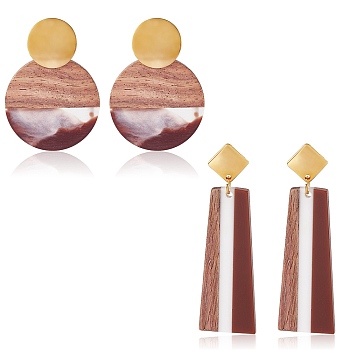 2 Pairs 2 Style Trapezoid & Flat Round Shape Resin & Walnut Wood Dangle Stud Earrings, 304 Stainless Steel Long Drop Earrings for Women, Sienna, 52~65mm, Pin: 0.8mm, 1 Pair/style