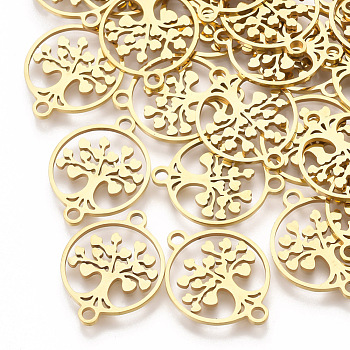 201 Stainless Steel Links connectors, Laser Cut Links, Flat Round with Tree of Life, Golden, 19x15x1mm, Hole: 1.8mm