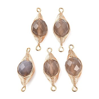 Natural Grey Agate Faceted Flat Round Links Connector Charms with Copper Herringbone Wire-Wrapped, Golden, Long-Lasting Plated, 26.5~27.5x10x9~9.5mm, Hole: 1.4mm
