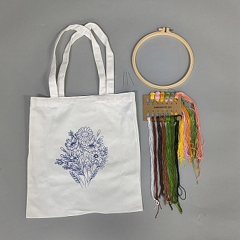 DIY Canvas Bag Embroidery Kits, Including Embroidery Thread & Needles, Plastic Embroidery Hoop, Flower, 612x350x3mm, Thread: 13 colors