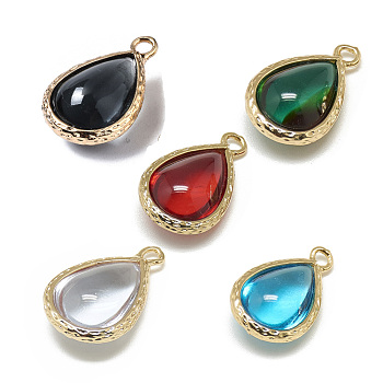 Glass Pendants, with Golden Tone Brass Findings, Drop, Mixed Color, 22x14x8mm, Hole: 1.5mm