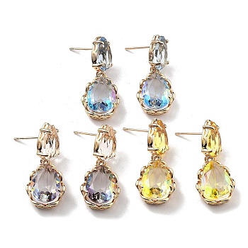 Light Gold Brass Stud Earrings, Glass Teardrop Drop Earrings, Mixed Color, 31.5x13.5mm