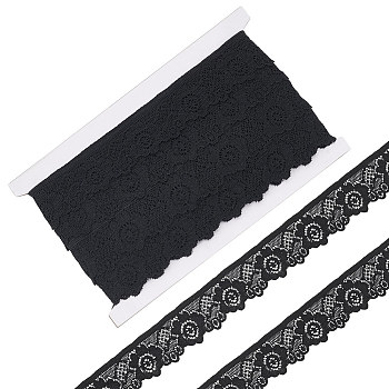 15 Yards Flat Nylon Elastic Lace Trim, Stretchy Flower Lace Ribbon For Sewing Decoration, Black, 1-1/4 inch(32~33mm)