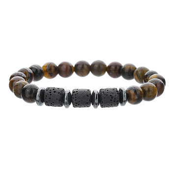 Round Natural Tiger Eye & Colunm Lava Rock & Synthetic Non-magnetic Hematite Stretch Beaded Bracelet for Women Men, 