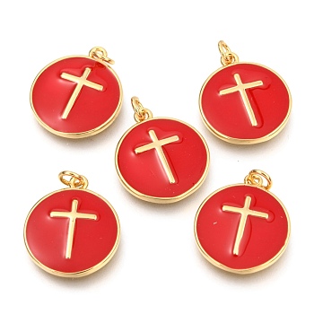 Brass Enamel Pendants, Long-Lasting Plated, Real 18K Gold Plated, with Jump Rings, Flat Round with cross, Red, 17.5x15x2mm, Hole: 2.5mm