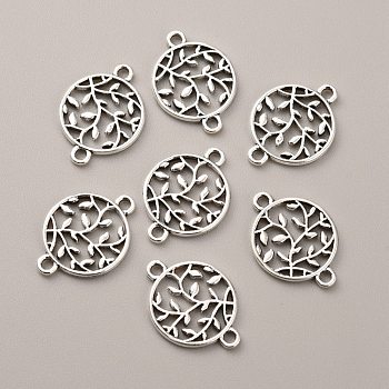 Tibetan Style Zinc Alloy Connector Charms, Flat Round with Tree of Life, Antique Silver, 21x15x1.5mm, Hole: 1.8mm