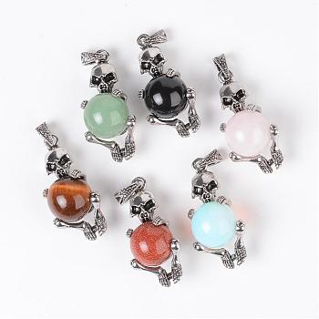 Natural & Synthetic Mixed Stone Pendants, with Alloy Findings, Skull, Antique Silver, 41~43x19~20x17~19mm, Hole: 4x7mm
